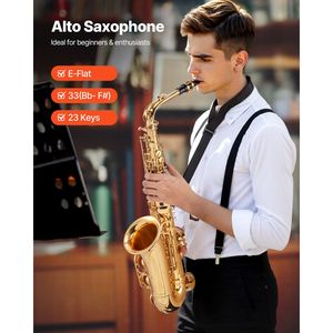 Kit de débutant pour saxophone alto Mi bémol comprenant étui de transport, embouchure, sangles, chiffon de nettoyage, bâtonnet, gants, graisse - Tout en laiton - Product Image 2