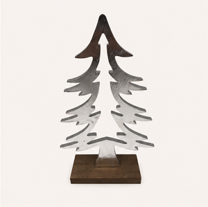 Handcrafted Premium Aluminum Christmas <b>Tree</b> Sculpture Minimalist Silver Metal Holiday Figurine on Sustainable Mango Wood Stand - Product Image 3