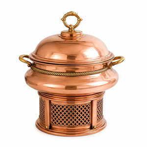 Luxury Pure Copper Round Chafing Dish with Brass Handles & Lid, <b>Buffet</b> Food Warmer, Hotel Catering <b>Server</b>, Restaurant Chafer - Product Image 1