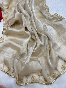 Soft Fandy Satin Designer Saree Beautiful Khatli Cutdana Handwork Elegant All Over Arco Border & Matching Khatli Work <b>Blouse</b> - Product Image 6