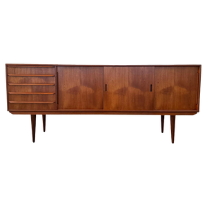 <b>Mid</b>-<b>Century</b> Modern 78" Solid Teak Wood Credenza <b>Sideboard</b> with 4 Drawers, Sliding Cabinet Doors & Tapered Legs - Product Image 1