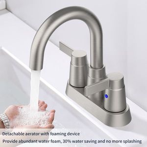 Rubinetto per lavabo bagno a 2 maniglie, con braccio alto girevole a 360 gradi, in nichel spazzolato, per lavabo da 4 pollici, rubinetto per camper con beccuccio orientabile a 360 gradi, montaggio centrale - Product Image 4