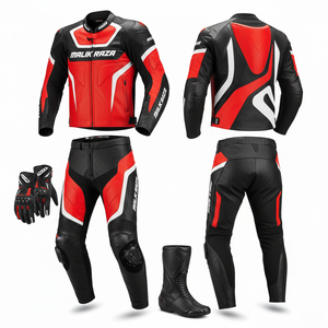 Trajes de Motociclismo de Cuero de Primera Calidad de la Serie Malik Raza en Azul/Negro/Rojo: Traje de Cuero de 2 Piezas y Guantes y Botas Protectoras a Juego - Product Image 6