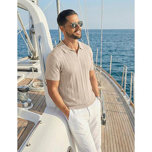 Men’s Beige Knitted Polo Shirt Short Sleeve Textured Stripe Polo Shirt Breathable Fabric Casual Wear OEM ODM Available - Product Image 2