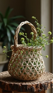 Handwoven Oval Wicker Flower <b>Basket</b> with High Twisted Handle - Multicolor Decorative <b>Gift</b> <b>Hamper</b> - Product Image 2