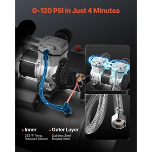 Compressore d'Aria Industriale Silenzioso 1HP 2.2 CFM@90 PSI con Serbatoio in Acciaio da 8 Galloni Senza Olio Pressione Massima 120PSI 80dB - Product Image 3