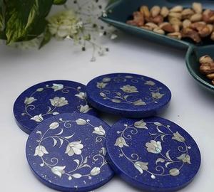 Posavasos de Lujo de Mármol Azul Lapislázuli Ecológico Moderno con Incrustaciones Florales de Madreperla Hecho a Mano para Decoración de Mesa de Té y Café - Product Image 2