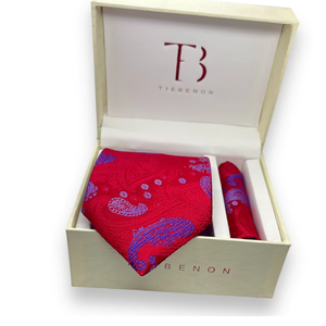 Corbata de Diseño de Lujo con Estampado Paisley Rojo y Azul para Hombre |   Conjunto de Corbata de Seda Jacquard para Regalo, Ideal para Bodas, Eventos Formales y Negocios - Product Image 1