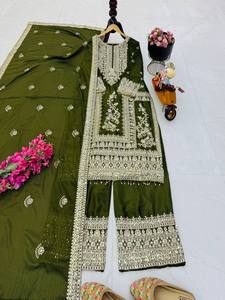 Elegante Salwar Kameez de Seda Verde con Bordado Blanco para Mujer, Ropa Tradicional Étnica para Bodas y Fiestas, para Todas las Temporadas - Product Image 1