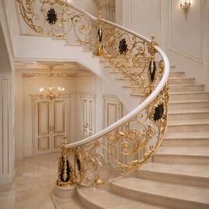 Luxury Gold White Curved Staircase <b>Railing</b> Ornate Scroll Balustrade with Black Medallions for Villa Mansion Decor - Product Image 2