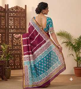 Sari de Algodón Mul con Estampado Sibori y Borde de Zari - Product Image 3
