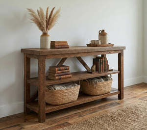 Table console rustique en bois massif, design actuel, avec 2 tiroirs, style industriel, pour salon ou appartement - Product Image 1