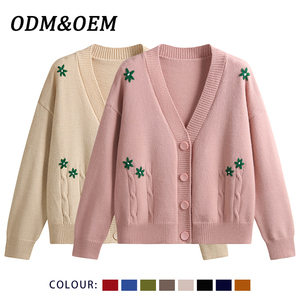 Women's <b>Black</b> Knitted <b>Cardigan</b> V-neck Long Sleeve Embroidered Floral Casual Autumn Top - Product Image 3