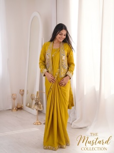 Party Wear Mustard Embroidery Work Ready To Wear Saree With Embroidery Work Fully Stitched Jacket And <b>Blouse</b> - Product Image 2