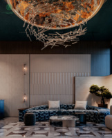 Canapé de réception, panneau mural et décoration de plafond sur mesure pour hall d'hôtel de luxe moderne, aménagement intérieur commercial hôtelier