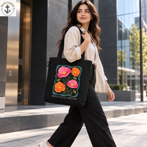 Sac fourre-tout en toile à imprimé floral avec longues poignées de transport |   Sac à bandoulière botanique noir avec fleurs rose-orange pour tous les jours - Product Image 3