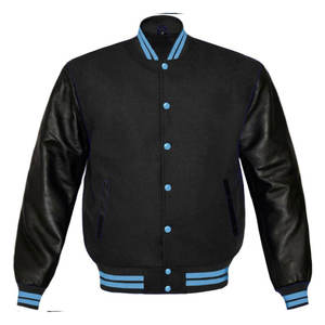 Veste universitaire noire et bleue pour homme, personnalisable avec manches en cuir, style Letterman, veste bomber de baseball, streetwear, uniforme d'équipe, vente en gros - Product Image 2