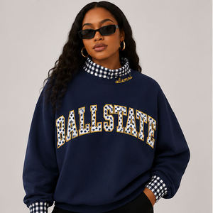 เสื้อสเวตเชิ้ตคอกลมสีครีมสำหรับผู้หญิงของ Ball State พร้อมปกและปลายแขนเสื้อแบบกิ๊งแฮม แขนยาว ผ้าฝ้ายถัก พิมพ์ลายตัวอักษร คอเต่า - Product Image 6