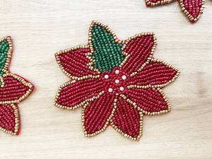 Poinsettia Flower Beaded <b>Coaster</b> Christmas Flower <b>Drink</b> Mat Handmade Holiday <b>Coaster</b> Red Floral Bead Table <b>Coaster</b> Festive - Product Image 5