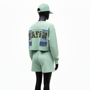 Ensemble court en molleton 100 % coton premium pour femme, vert menthe doux, broderie et sérigraphie, logo personnalisé, ensembles pour femme - Product Image 5