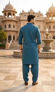 Conjunto de Kurta y Pijama de Algodón Color Verde Azulado para Hombre, Manga Larga, Color Sólido, Ropa Casual Diaria, Estilo Étnico de India y Pakistán - Product Image 3