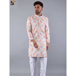 DESIGNER RAYON SÉQUENCE TRAVAIL HOMME KURTA AVEC PYJAMA MULTI - Product Image 1