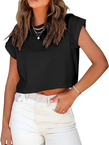 T-shirt court d'été sexy et fin pour femme, en coton respirant de haute qualité, uni - Product Image 1