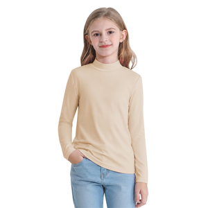 T-shirt à col roulé en coton tricoté beige à manches longues pour filles, avec logo personnalisé, sous-vêtement pour enfants, couche de base - Product Image 1