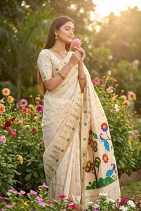 Sari en soie crème avec motifs de paons et de fleurs dessinés à la main, tenue traditionnelle indienne pour femmes, tenue décontractée toutes saisons - Product Image 3