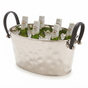 Luxury Hammered Stainless Steel Oval <b>Ice</b> Bucket With Dark Leather Handles Party Wine Beer Beverage Tub For Wedding & Party - Product Image 5