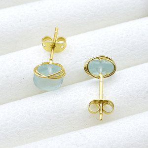Aquamarine Gemstone <b>Stud</b> Earrings | Wire Wrapped Oval Blue Stone 8–10mm | March Birthstone Gift - Product Image 3