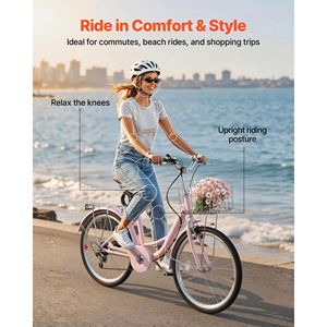 Vélo de plage pour femmes de 24 pouces, 7 vitesses, vélo de ville pour adultes, cadre en acier au carbone, capacité de 330 lb, fourche en aluminium, panier et porte-bagages arrière - Product Image 2