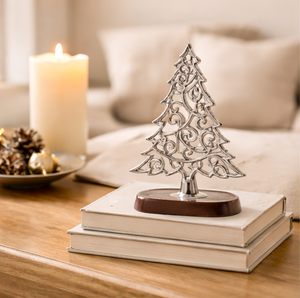 Handcrafted Antique Silver Aluminum Metal Christmas <b>Tree</b> Sculpture with Sturdy Wooden Base For Modern Home Holiday <b>Tabletop</b> - Product Image 2