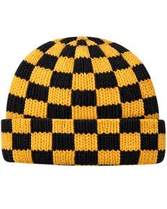 Gorro de Punto Personalizado con Diseño de Tablero de Ajedrez Amarillo y Negro, Gorro de Invierno Cálido con Borde, Gorro de Punto Acrílico Suave, Unisex, Estilo Urbano - Product Image 1