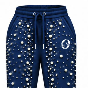 Navy Blue Pearl Beaded Jogger Pants Women Luxury Embellished Drawstring Sweatpants Casual Streetwear Fleece <b>Trousers</b> <b>With</b> <b>Pocket</b> - Product Image 3