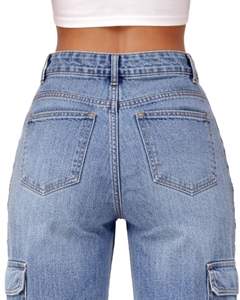 กางเกงยีนส์เดนิมทรงคาร์โก้สีฟ้าอ่อนเอวสูงทรงขากว้างมีกระเป๋าปะ สไตล์สตรีทลำลองสำหรับผู้หญิง ทรงหลวม รับผลิตแบบ OEM ตามสั่ง - Product Image 4