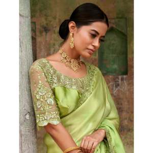 Awesome Green Embroidered <b>Satin</b> Festival Wear Saree with <b>Blouse</b> for Parties - Product Image 4