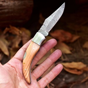 Couteau pliant de camping à lame droite en acier Damas, fait main, DIY, avec manche en bois à changement rapide, épaisseur de lame 3 mm, 7,5 cm - Product Image 4