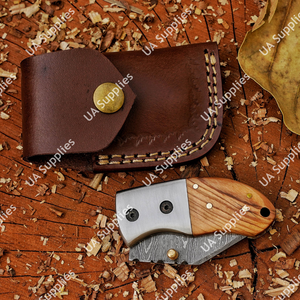 มีดพับขนาดเล็ก ดามัสกัสสตีล ปลายหยดน้ำ ขอบมุมเอียง สำหรับมืออาชีพ EDC ด้ามไม้มะกอก  5 ขนาด  OEM/ODM ปรับแต่งได้ - Product Image 5