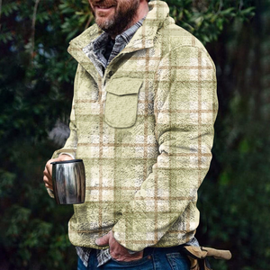 Sweat à capuche à col roulé en peluche à carreaux automne-hiver pour hommes avec faux bouton Sherpa moelleux Pull Streetwear à imprimé ethnique - Product Image 4