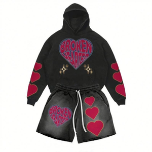 Ensemble sweat-shirt et pantalon de survêtement évasé vintage style streetwear rétro, avec logo brodé personnalisé en patchwork, pour équipes professionnelles - Product Image 1