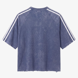 Camiseta de Manga Corta para Hombre, Talla Grande, Cuello Redondo, 100% Algodón, Color Azul Sólido Lavado, con Ribete en Contraste, Estilo Casual - Product Image 2