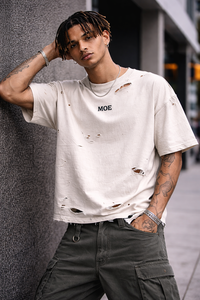 Camiseta de hombre de algodón de alto gramaje, estilo streetwear, corta, oversize, lisa, personalizable, con lavado vintage, corte boxy y efecto desgastado, OEM - Product Image 2