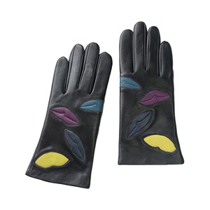 Black Leather Gloves With Colorful <b>Leaf</b> Patches Wrist Length Unlined For Casual Winter Wear - Product Image 2