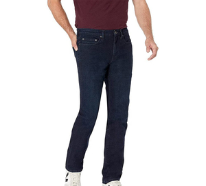 Jean en denim délavé foncé coupe droite slim fit en coton de poids moyen pour homme, style décontracté, collection automne 2026, disponible à la vente en ligne - Product Image 2