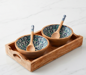 Ensemble de 2 bols en bois faits à la main avec cuillères, motif géométrique émaillé bleu sarcelle, idéal pour la maison et la table - Product Image 1