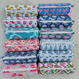 Indian Hand Block Printed Floral Eco-Friendly Greenish Cotton Handled Lightweight <b>Case</b> Quilted <b>Makeup</b> Pencil Travel Wash Zipper - Product Image 1