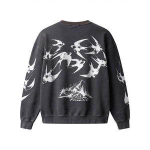 <b>Men</b> Long Sleeve Crewneck Sweatshirt <b>Black</b> Fleece Printed Mountain Design Street Style Regular Fit - Product Image 3