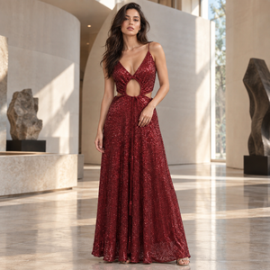 Glamuroso Vestido de Noche con Lentejuelas Color Granate Oscuro |   Vestido sin mangas con cuello en V profundo, aberturas, tirantes con lazo y falda larga fluida - Product Image 2