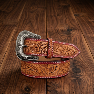 Wholesale Floral Engraved <b>Men's</b> Western <b>Leather</b> Tooling <b>Belt</b> with Designer Antique Brass Pin Buckle Cowboy Cowgirl <b>Belt</b> - Product Image 2
